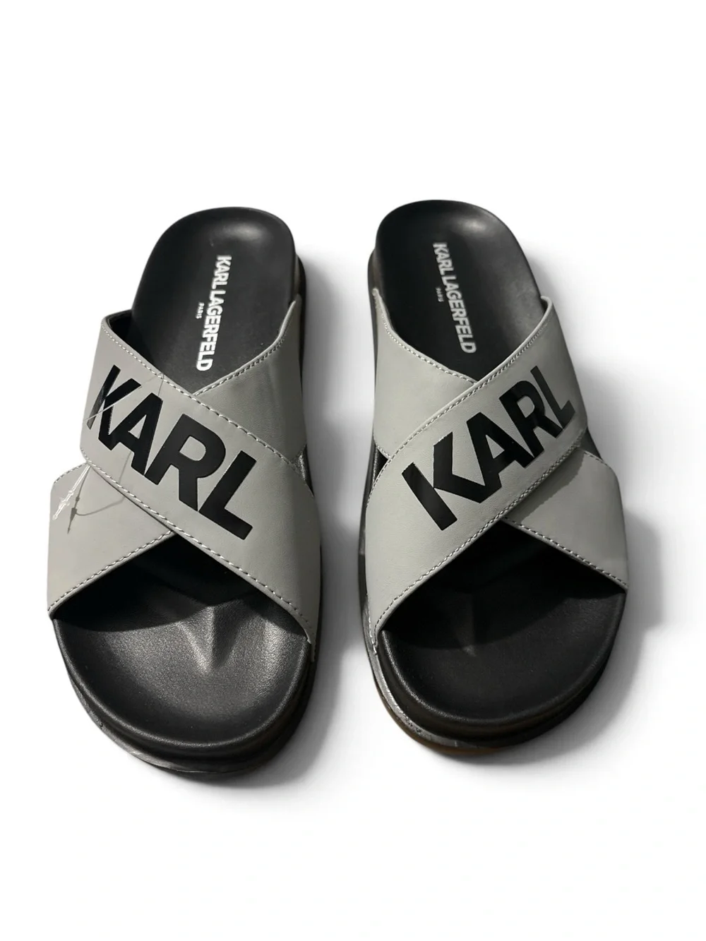 Karl Lagerfeld Men’s Grey Cross-Strap Slide Sandals with KARL Logo